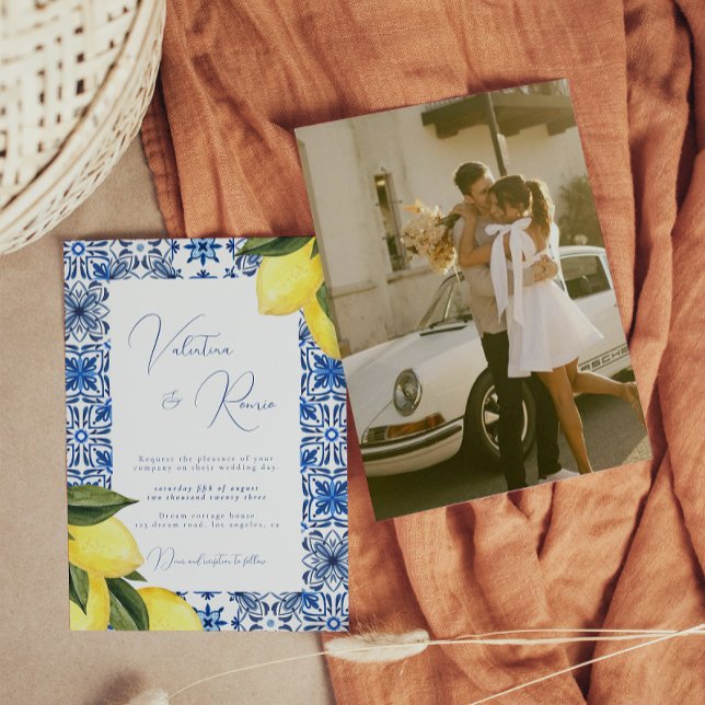 Invitación Boda fotográfico Blue Mediterranean Tile y citrus (Subido por el creador)