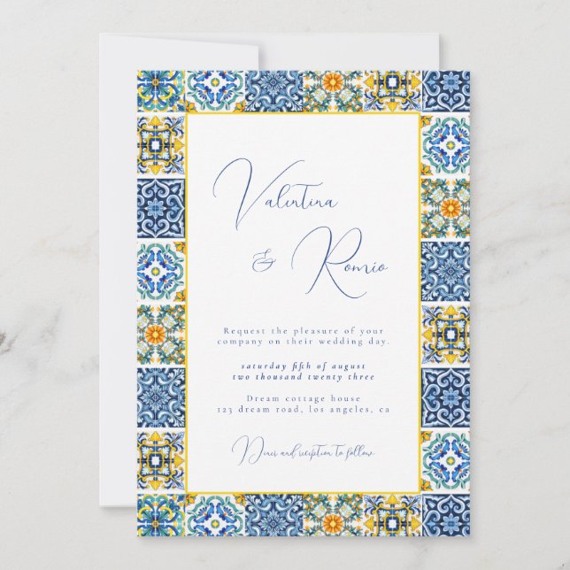 Invitación Boda fotográfico Blue Mediterranean Tile y citrus (Anverso)