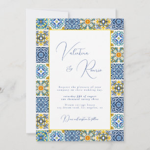 Invitación Boda fotográfico Blue Mediterranean Tile y citrus