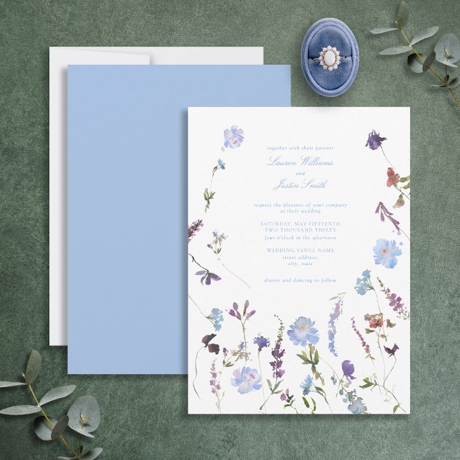 Invitación Boda fotográfico Blue Purple Floral Botanical Scri (Subido por el creador)