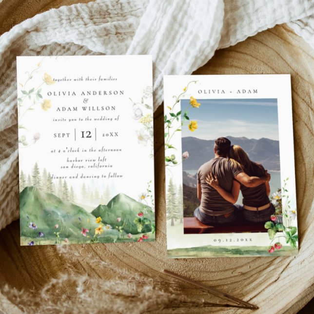 Invitación Boda fotográfico Boho Watercolor Wildflower Mounta (Subido por el creador)