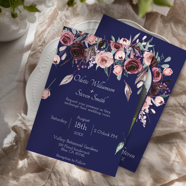Invitación Boda fotográfico botánico azul marino y borgoña (Elegant Navy Blue and Burgundy Blush Floral Wedding Invitation with Photo Arch)