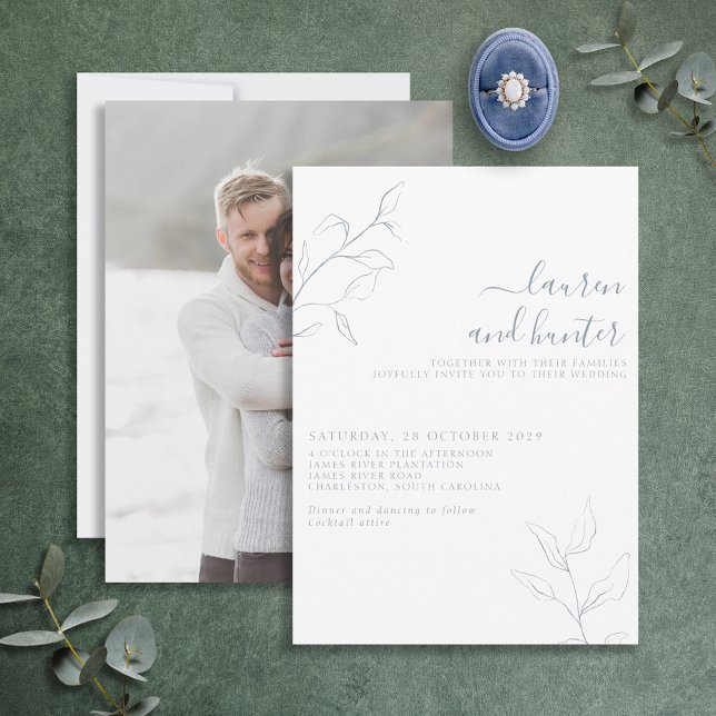 Invitación Boda fotográfico botánico con escritura azul turqu (Subido por el creador)