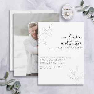 Invitación Boda fotográfico botánico con guión blanco gris mo