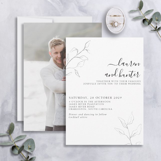 Invitación Boda fotográfico botánico con guión blanco gris mo (Subido por el creador)