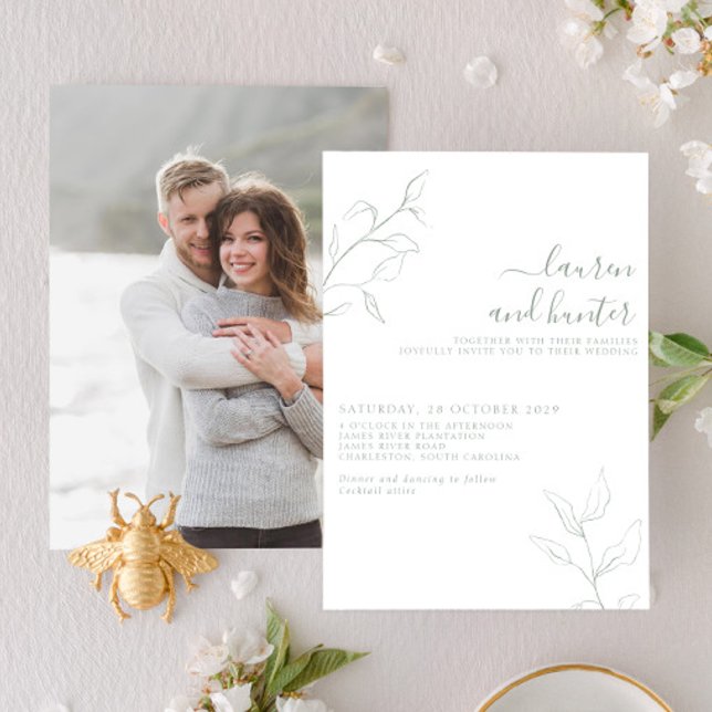 Invitación Boda fotográfico botánico de escritura verde sabia (Subido por el creador)