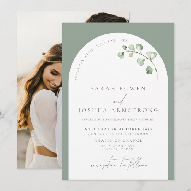 Invitación Boda fotográfico botánico del Arco Verde Masaje Mo (Anverso / Reverso)