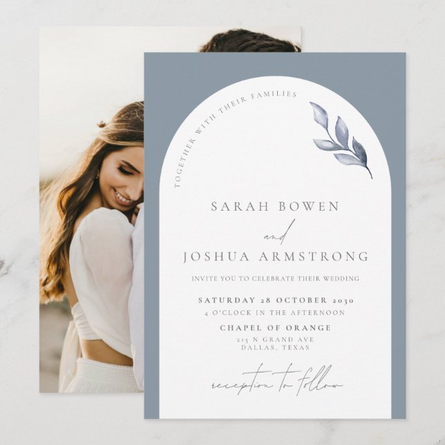 Invitación Boda fotográfico botánico del moderno Arco Azul (Anverso / Reverso)