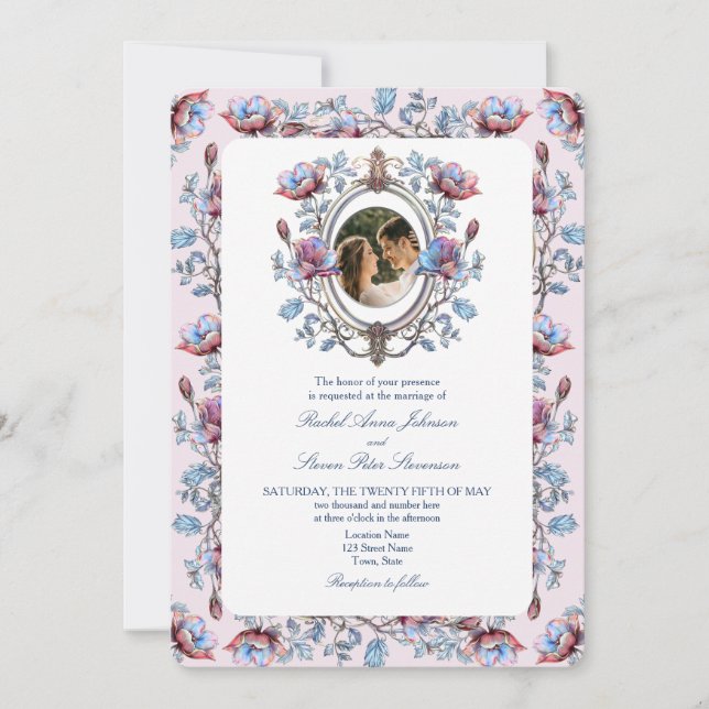 Invitación Boda fotográfico Chinoiserie rosa (Anverso)