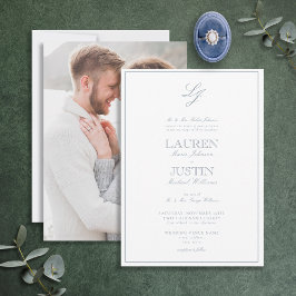 Invitación Boda fotográfico clásico con guión azul turbio