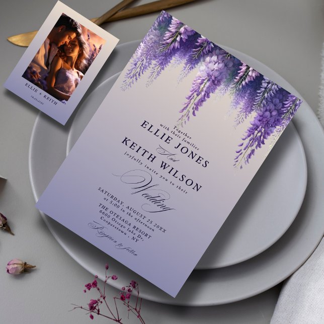 Invitación Boda fotográfico con flor púrpura de gradiente cap (Subido por el creador)