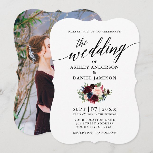 Invitación Boda fotográfico con flores azules de Borgoña (Anverso / Reverso)