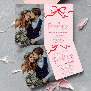 Invitación Boda fotográfico Coquette Pink Red Bow