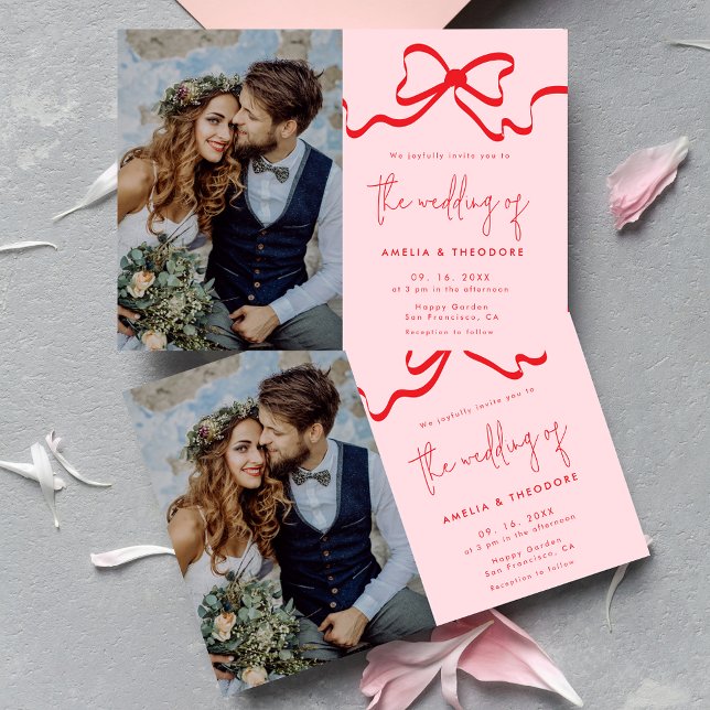 Invitación Boda fotográfico Coquette Pink Red Bow (Subido por el creador)