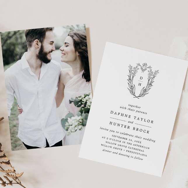 Invitación Boda fotográfico DAPHNE Classic Black Floral (DAPHNE Classic Black White Floral Photo Wedding Invitation)