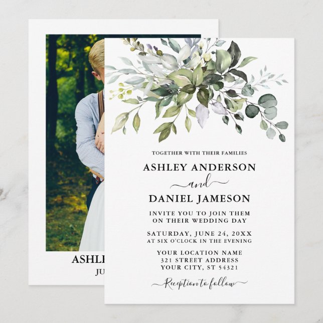 Invitación Boda fotográfico de acuarela de vegetación botánic (Anverso / Reverso)