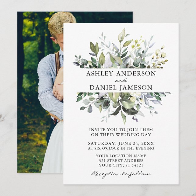 Invitación Boda fotográfico de acuarela de vegetación botánic (Anverso / Reverso)