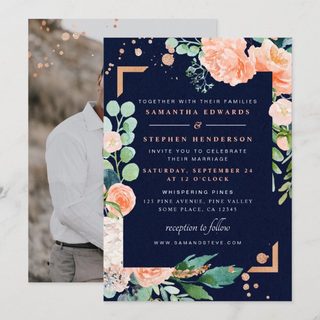 Invitación Boda fotográfico de acuarela floral de cobre de la (Anverso / Reverso)