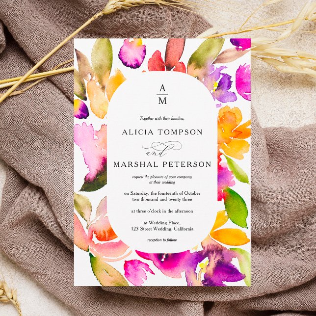 Invitación Boda fotográfico de acuarela floral de otoño en ne (Subido por el creador)