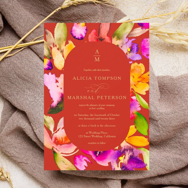 Invitación Boda fotográfico de acuarela floral de otoño en ne (Subido por el creador)