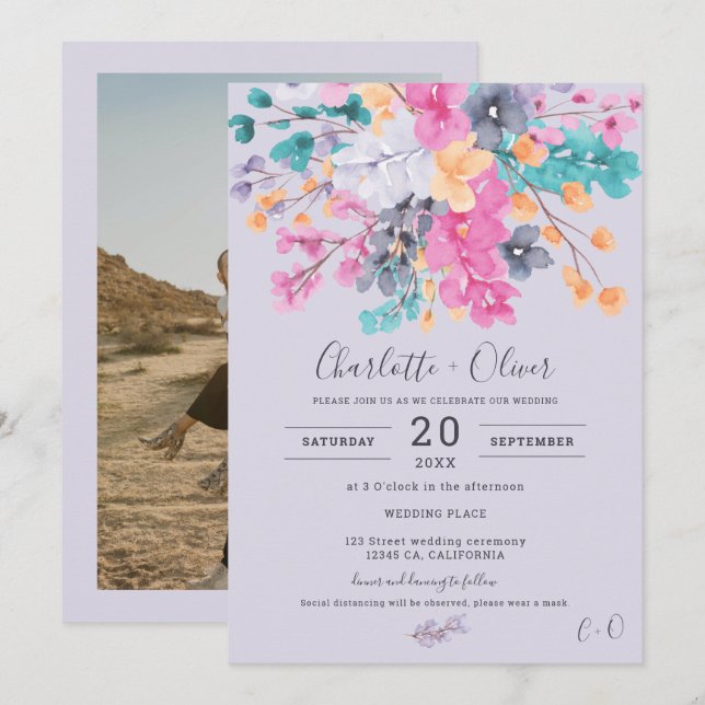 Invitación Boda fotográfico de acuarela floral salvaje secado (Anverso / Reverso)