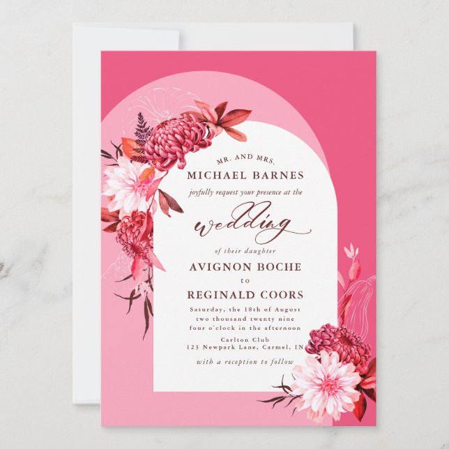Invitación Boda fotográfico de Arco Rosado con Flores de Otoñ (Anverso)