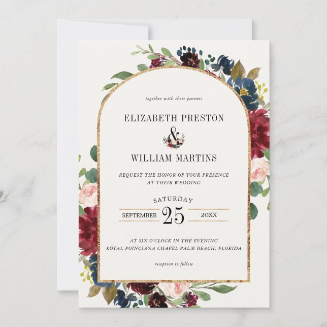 Invitación Boda fotográfico de arcos florales azules de la Ma (Anverso)