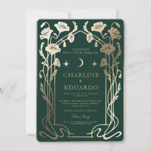 Invitación Boda fotográfico de Art Nouveau Green y Gold Fores