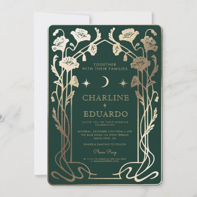 Invitación Boda fotográfico de Art Nouveau Green y Gold Fores (Anverso)