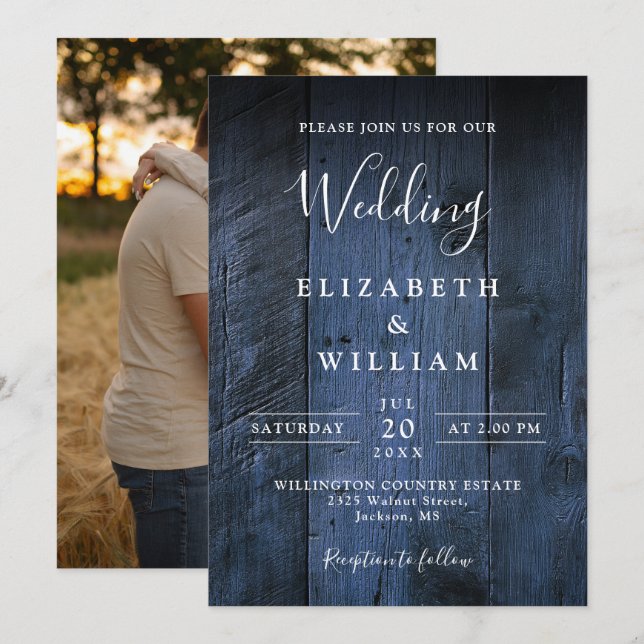 Invitación Boda fotográfico de Boho Barn Wood ruso azul (Anverso / Reverso)