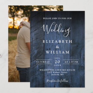 Invitación Boda fotográfico de Boho Barn Wood ruso azul