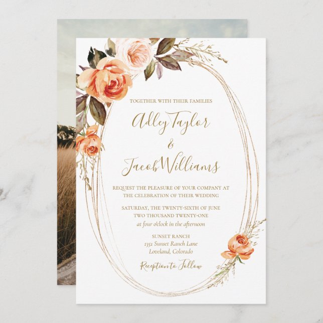 Invitación Boda fotográfico de Boho Fall Floral Burnt Naranja (Anverso / Reverso)