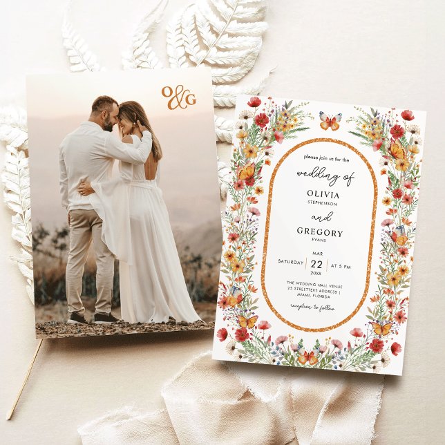 Invitación Boda fotográfico de Boho Spring Watercolor Wildflo (Boho Spring Watercolor Wildflowers Butterflies Monogram photo Wedding Invitation)