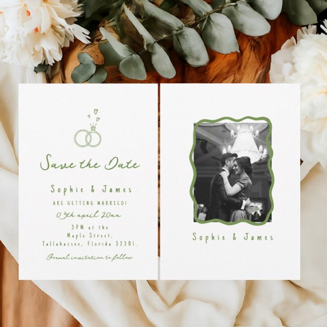 Invitación boda fotográfico de Boho verde dibujado a mano ele (Subido por el creador)