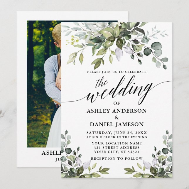 Invitación Boda fotográfico de caligrafía acuarela (Anverso / Reverso)