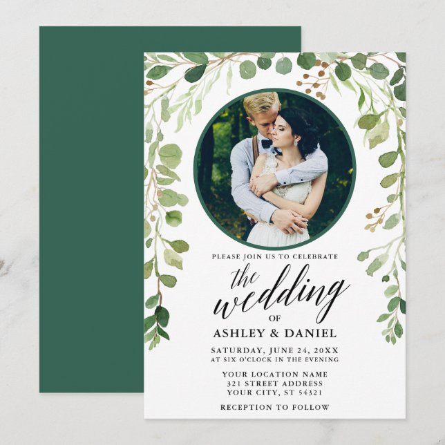 Invitación Boda fotográfico de caligrafía botánica verde (Anverso / Reverso)