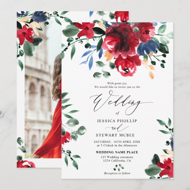 Invitación Boda fotográfico de caligrafía floral de la marina (Anverso / Reverso)