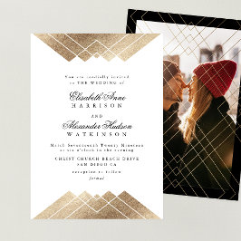 Invitación Boda fotográfico de caligrafía geométrica de oro n