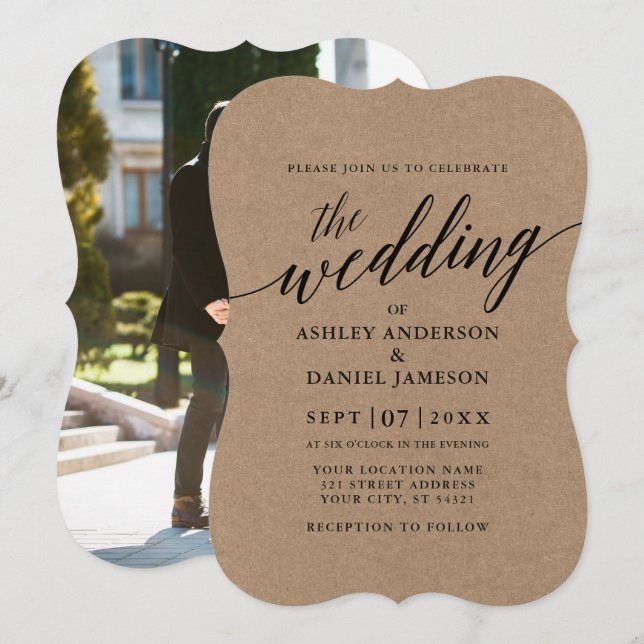 Invitación Boda fotográfico de caligrafía moderna Kraft (Anverso / Reverso)