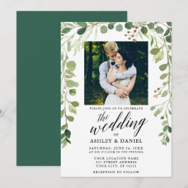 Invitación Boda fotográfico de caligrafía verde botánica