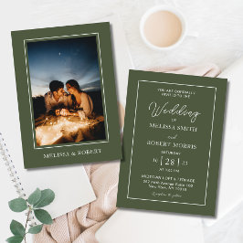 Invitación Boda fotográfico de caligrafía verde oliva moderna
