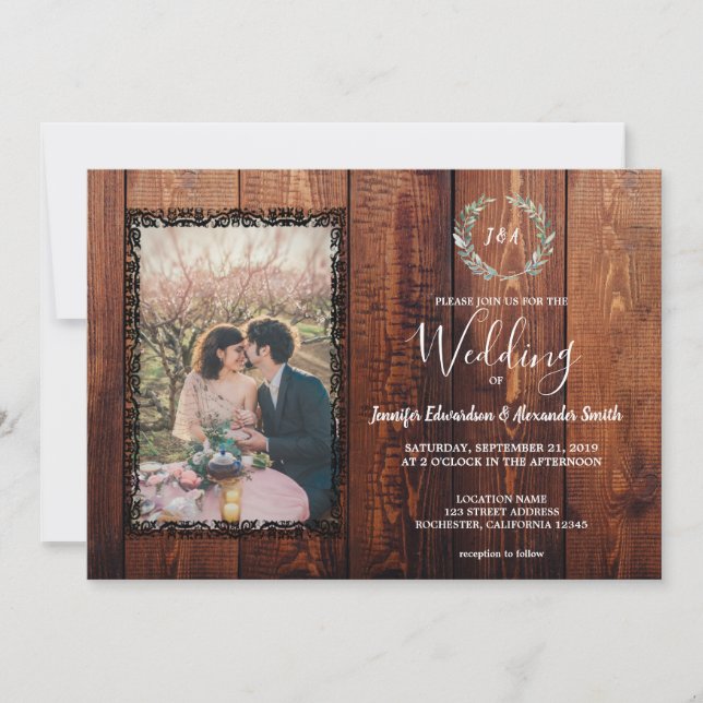 Invitación Boda fotográfico de campo rústico de madera de gra (Anverso)
