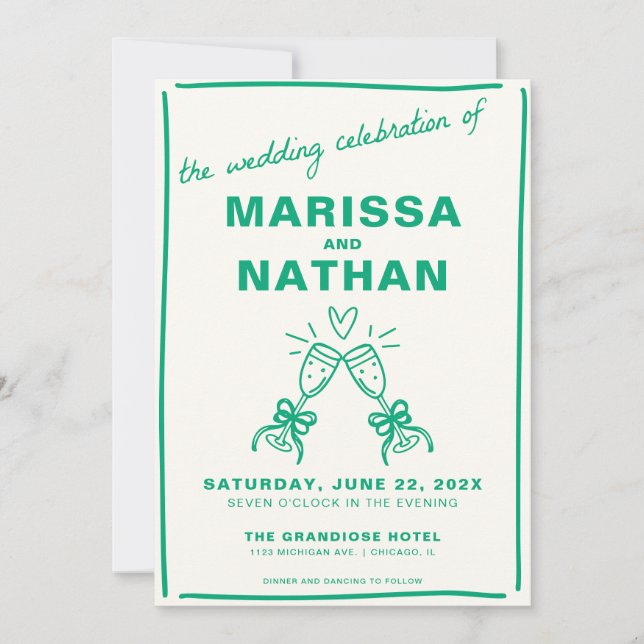 Invitación Boda fotográfico de champagne Green DrawTogether (Anverso)