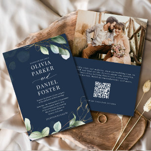 Invitación Boda fotográfico de código QR azul de la Marina de