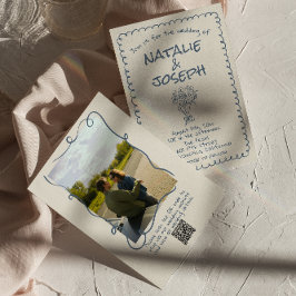 Invitación Boda fotográfico de código QR azul de la marina de