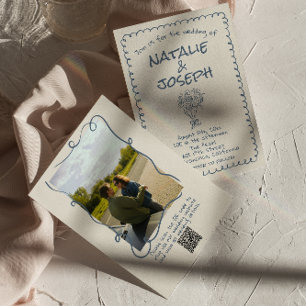 Invitación Boda fotográfico de código QR azul de la marina de
