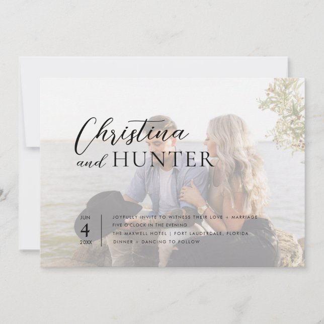 Invitación Boda fotográfico de código QR con guión moderno (Anverso)