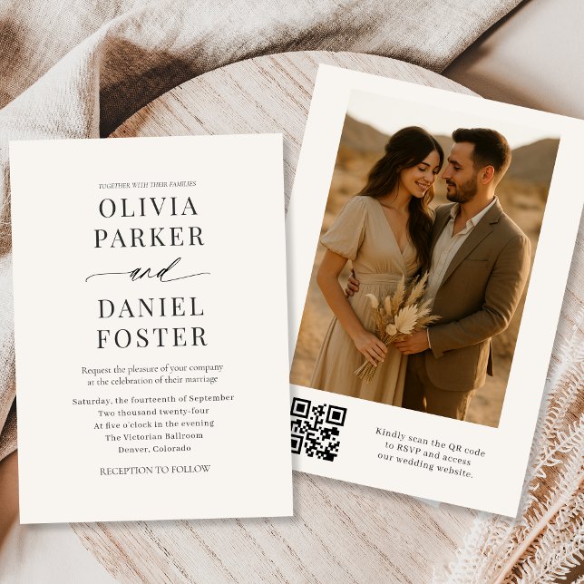 Invitación Boda fotográfico de código QR de Beige Neutral (Subido por el creador)