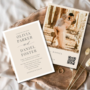 Invitación Boda fotográfico de código QR de Beige Neutral min