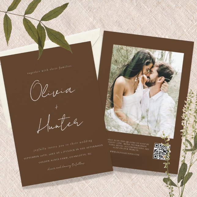 Invitación Boda fotográfico de código QR de chocolate minimal (Subido por el creador)